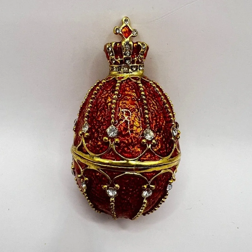 Orange & Gold Faberge-Egg Style Trinket Box With Rhinestones Crown Stones 2.5